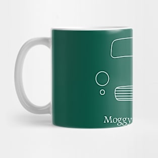 "Moggy spoken here" Morris Minor 1960s British classic car outline white Mug